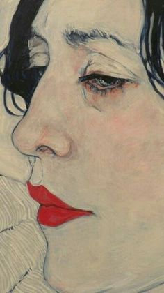 a painting of a woman with black hair and red lips