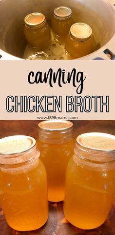 three jars filled with chicken broth sitting on top of a table