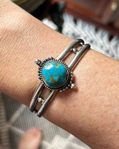 "Turquoise Beaded Cuff Bracelet- Handmade- Sterling Silver- 5\" round with opening- fits a small wrist" Boho Cuff Bracelet, Turquoise Statement Ring, Boho Chic Bracelets, Boho Cuff, Brass Cuff Bracelet, Cuff Bracelets Handmade, Brass Cuff, Hippie Bracelets, Chic Bracelet