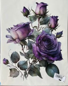 a painting of purple roses with green leaves