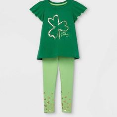 Toddler Girls Shamrock Short Sleeve Top And Leggings Set - Cat Jack Green 18m Minnie Outfit, Baby Halloween Outfits, Elastic Waist Leggings, Jack Green, Girls Tunics, Green Leggings, Matching Leggings, Leggings Set