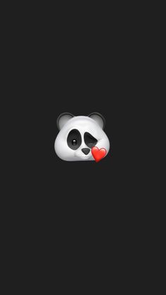 a panda bear with a red heart in its mouth on a black background that appears to be dark