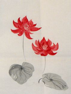 two red flowers are sitting on a white sheet with water lilies in the background