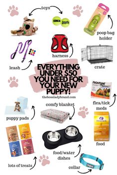 a poster with the words everything you need for your new puppy