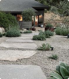 a stone path leading to a small house