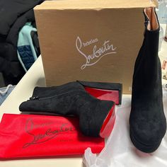 Nib Black Supple Suede Ankle Boots With Chunky Block Heels And Platform. Suede Upper * Almond Toe * Side Zipper. Chunky Block Heels, Suede Ankle Boots, Lady In Red, Side Zipper, Block Heels, Black Red, Almond, Ankle Boots, Black And Red