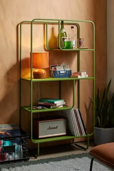 a green shelf with books, magazines and other items on it next to a plant