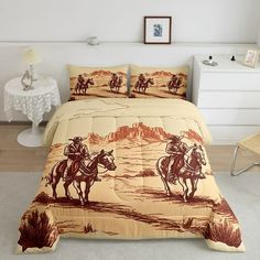 a bed room with a neatly made bed and two horses on the ground near a chair