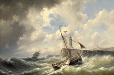 a painting of a ship in rough seas