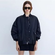 Zara Bomber Jacket Brand New With Tags Over Sized Bomber That Is Water Repellent, Sz Xs Chic Black Outerwear With Stand Collar, Trendy Black Zara Outerwear, Zara Black Outerwear With Pockets, Zara Casual Black Outerwear, Casual Black Zara Outerwear, Over Sized, Jacket Brands, Zara Jackets, Repellent