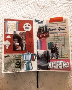 an open notebook with pictures and words on it