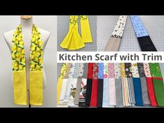 kitchen scarves with trims on them and the words kitchen scarves written in white