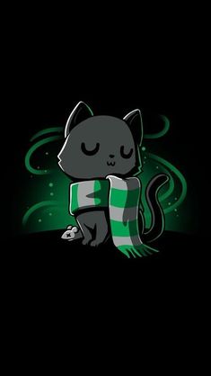 a black cat with green and white striped scarf on it's back, sitting in the dark