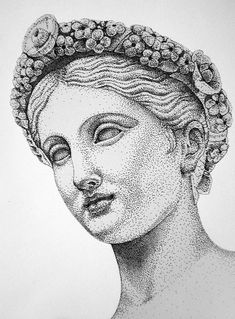 a black and white drawing of a woman's head with flowers in her hair