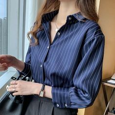 Office Blouse, Aesthetic Clothing Stores, Striped Shirt Women, Casual Stripes, Polo Neck, Fashion Bloggers, Long Sleeve Cardigan