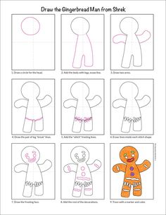 Gingerbread Directed Drawing, How To Draw Gingerbread Man, Gingerbread Man From Shrek, Draw A Gingerbread Man, Van Gogh Coloring, Gingerbread Man Coloring Page, Twistable Crayons, Artist Monet, Collaborative Mural