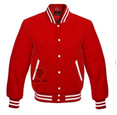 a red varsity jacket with white stripes on the sleeves and collar, featuring an emblem