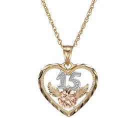 14k Gold Tri-Tone ''15'' Quinceanera Heart Pendant Necklace (Yellow) ($325) ❤ liked on Polyvore featuring jewelry, necklaces, yellow, gold chain necklace, heart necklace, heart pendant, 14k gold pendant and pendants & necklaces Quinceanera Rings, Quinceanera Accessories, Quince Stuff, Vintage Engagement Rings Art Deco, Quinceañera Ideas, Essential Oil Jewelry