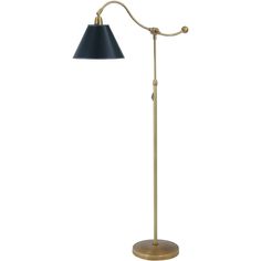 a floor lamp with a black shade on the base and a gold colored metal pole