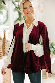 shop the mint, boutique clothing for women, trendy online boutique Velvet Cape, Red Cape, Cape Jacket, Cape Style, Mint Julep Boutique, The Velvet, Model Fits, Burgundy Red, Soft Velvet