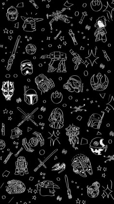 black and white doodles on a black background with stars, skulls, and other items