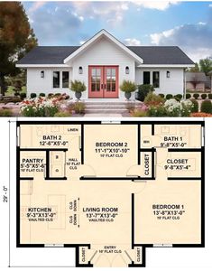 the floor plan for a small house with two bedroom and an attached bathroom, is shown