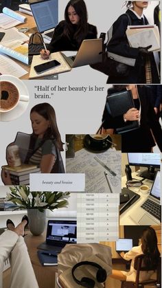 there is a collage of pictures with people working on laptops and other things