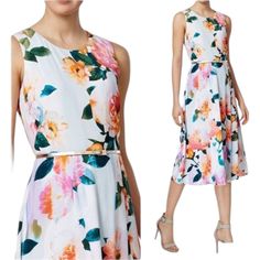 ~ Calvin Klein Multicolor Floral Print Midi Dress ~ Gold Belt Accent ~ Brand New With Tags ~ Size Women's 14 ~ Please Note The Small Flaw On The Gold Belt From The Buckle, Not Noticeable, See Photos Spring Sleeveless Beach Dress With Floral Print, Multicolor Sleeveless Floral Dress For Spring, Multicolor Sleeveless Floral Dress, Feminine Multicolor Sleeveless Floral Dress, Sleeveless Midi Dress For Garden Party In Spring, Sleeveless Floral Dress For Spring Garden Party, Calvin Klein A-line Midi Summer Dress, Calvin Klein A-line Midi Dress For Spring, Multicolor Fitted Sleeveless Floral Dress