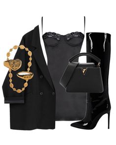 Luxury Black Outfit, Elegant Outfit Night Out, Black Outfit Night Out, Black Outfits Night Out, Looks Night Out, Look Black Night, All Black Outfit With Boots, Blazer Outfits Black Women, Black Date Outfit