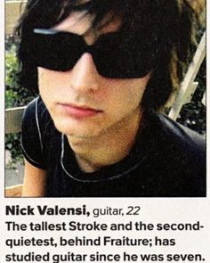 a man with sunglasses on his face is featured in the article nick valensi, guitar 22