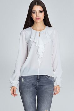 A stylish blouse with a jabot fastened with a delicate button. Long, ruffled sleeves add definition and emphasize the beauty of femininity. A simple form ensures comfort of wear. Ruffle Long Sleeve Blouse, Women Chiffon Blouse, Satin Bluse, Blouse Models, Ruffle Sleeve Blouse, Ruffle Long Sleeve, Stylish Blouse, Elegant Blouses, Blouse Tops