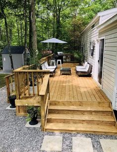 Porch Around Mobile Home, Backyard Patio Designs Mobile Home, Patio Mobile Home, Front Porch For Modular Home, Back Deck For Mobile Home, Deck Ideas For Modular Home, Landscape Ideas For Mobile Homes Single Wide, Single Wide Deck Ideas, Landscaping Double Wide