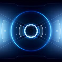 an abstract blue background with circles and lights in the center that appear to be rotating