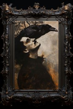 a painting of a woman with a crow on her head