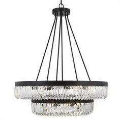 a chandelier hanging from the ceiling with clear glass beads and black metal frame