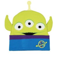 a green hat with an alien face on the front and blue, purple, and yellow stripe