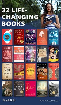 the book club's cover for 32 life - changing books, with an image of a woman holding a book