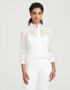 Anne Klein Cotton Eyelet Blouse Spring Long Sleeve Eyelet Blouse, Spring Eyelet Blouse With Long Sleeves, Fitted Eyelet Top For Spring, Long Sleeve Broderie Anglaise Top For Work, Fitted Blouse With Broderie Anglaise, Fitted Broderie Anglaise Blouse, Chic Fitted Eyelet Blouse, Spring Eyelet Blouse For Daywear, Elegant Cotton Eyelet Tops