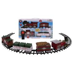 a toy train set is shown with its tracks and box on the side, along with it's accessories