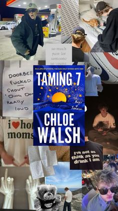 collage of photos with people and animals in them, including one man holding a sign that says taming 7