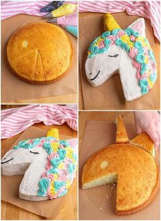 four pictures of how to make a unicorn cake