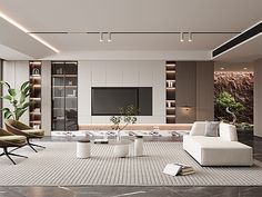 a modern living room with white furniture and large screen tv on the wall, along with potted plants