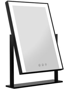 a black stand with a large mirror on it's side and three buttons at the bottom