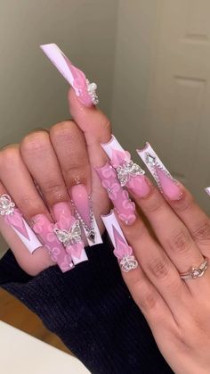 Makeup Nails Designs, Punk Nails, Long Acrylic Nail Designs, Hard Nails, Nails Design With Rhinestones, Colored Acrylic Nails, French Tip Acrylic Nails, Exotic Nails, Acrylic Nails Coffin Pink