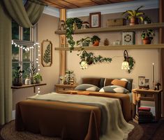 a bed room with a neatly made bed and lots of plants