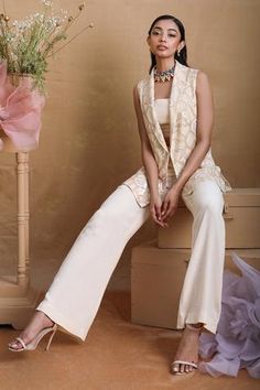 Shop for Nayantara Couture Beige Nylon Embroidered Blazer And Pant Set for Women Online at Aza Fashions Luxury Bollywood Pant Set With Dabka Details, Elegant Embroidered Fitted Pant Set, Elegant Fitted Embroidered Pant Set, Formal Fitted Pant Set With Resham Embroidery, Fitted Embroidered Pant Set For Party, Embroidered Fitted Pant Set For Party, Elegant Fitted Pant Set For Designer Wear, Glamorous Fitted Pant Set For Festive Occasions, Glamorous Fitted Palazzo Set With Mirror Work