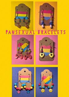 four different pictures of earrings and necklaces with the words pansexual bracelets on them