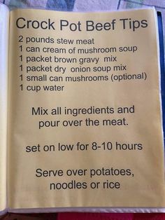 a recipe book with instructions for crock pot beef tips