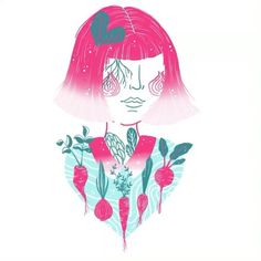 a drawing of a woman with pink hair and flowers