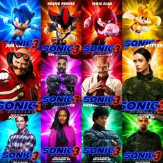 sonic 3 movie poster with all the characters in each character's name and numbers